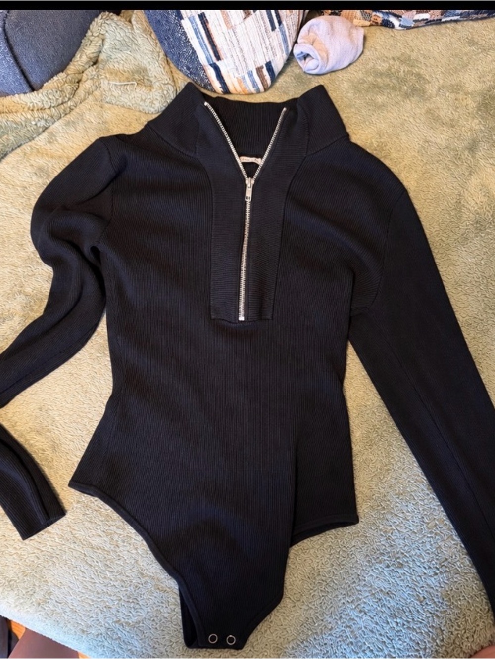 Abercrombie & Fitch Black Ribbed Zip-Front Long-Sleeve Bodysuit